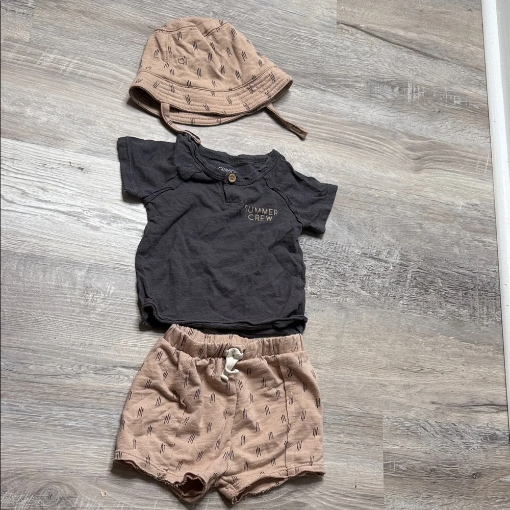 Summer Crew Baby Tee with Tan Printed Shorts & Bucket Hat Size 12M